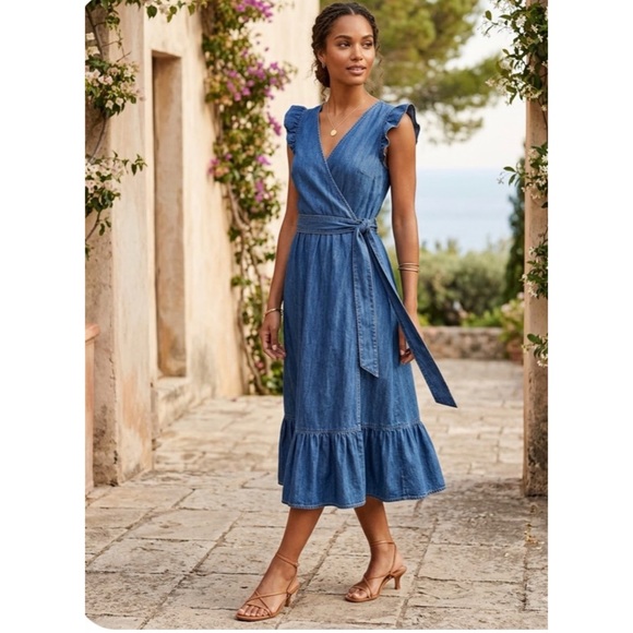 J. Crew Dresses & Skirts - J.Crew Grand Lily Drapey Chambray Denim Blue Wrap Ruffle Hem Midi Dress 4